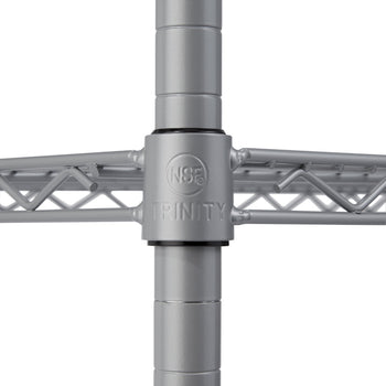 A close-up shot of a gray metal shelving unit shows the 