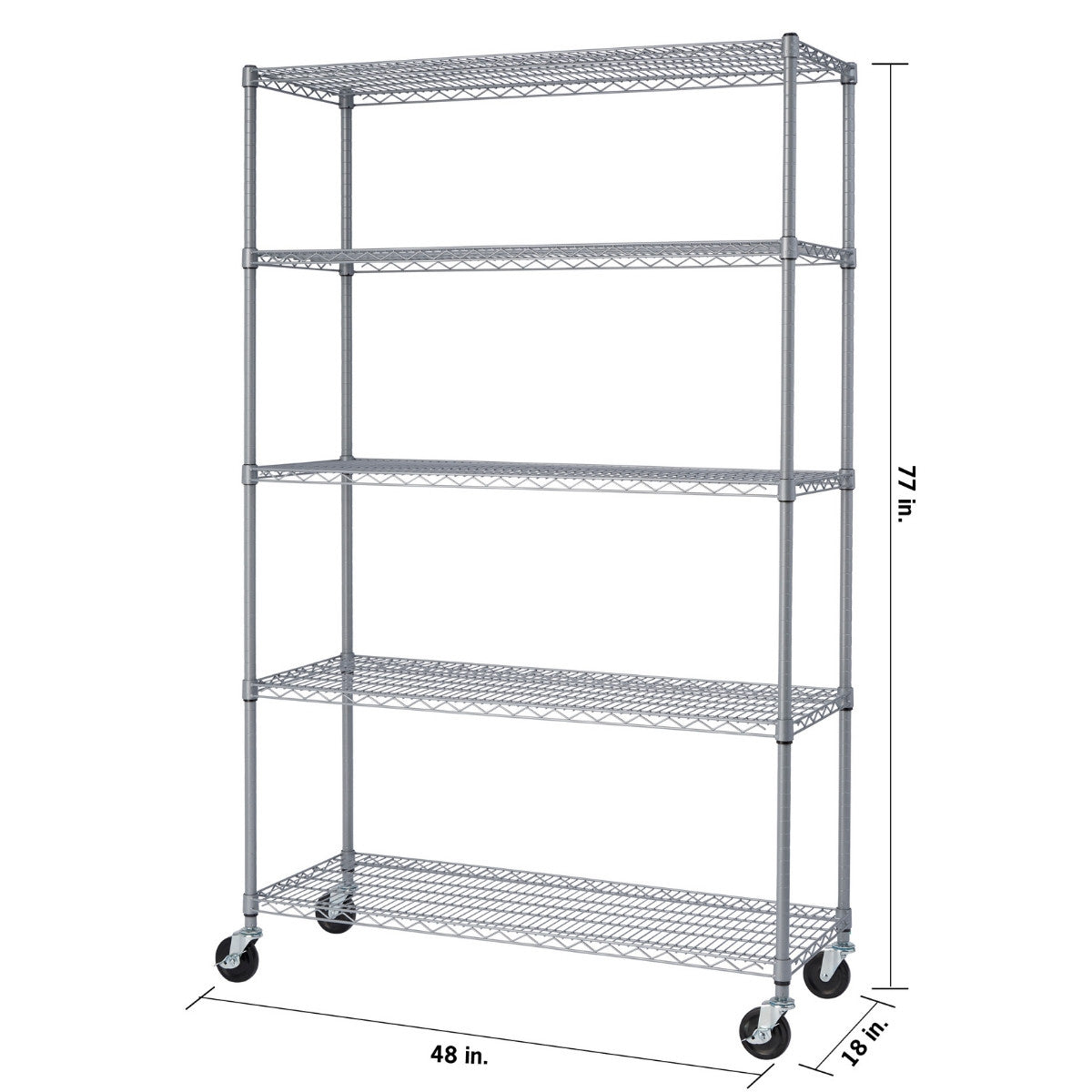 Close up of a 48 inch wide by 18 inch deep by 77 inch height gray color wire shelving rack with wheels.