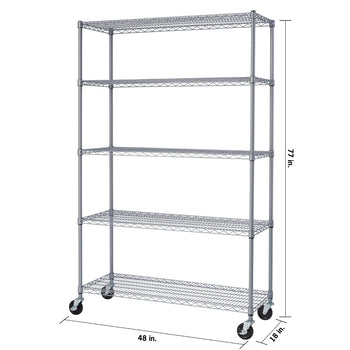 A 5-Tier Wire Shelving Unit with Wheels is shown from a slightly low, angled perspective. The unit is silver and has five shelves, with dimensions labeled as 77 inches high, 48 inches wide, and 18 inches deep.