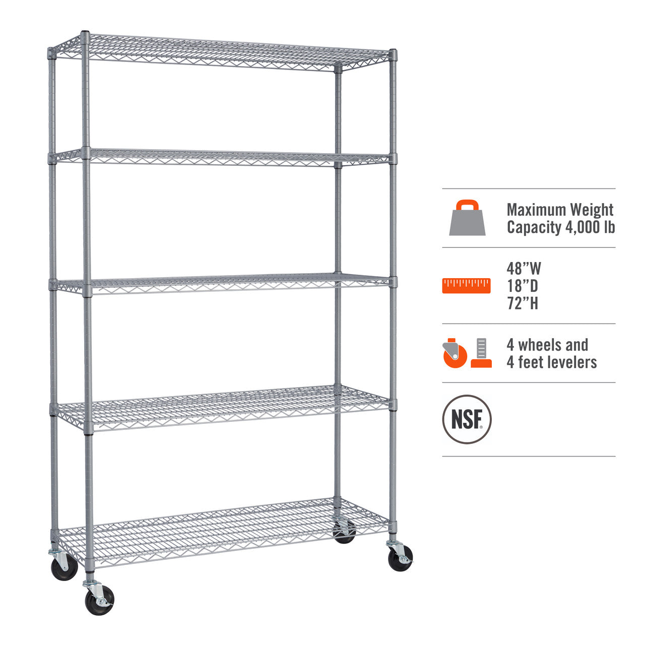 A tall, gray, five-tier wire shelving unit on wheels is shown against a white background. To the right, icons and text highlight its features: a maximum weight capacity of 4,000 lbs, dimensions of 48" W x 18" D x 72" H, inclusion of 4 wheels and 4 feet levelers, and NSF certification.