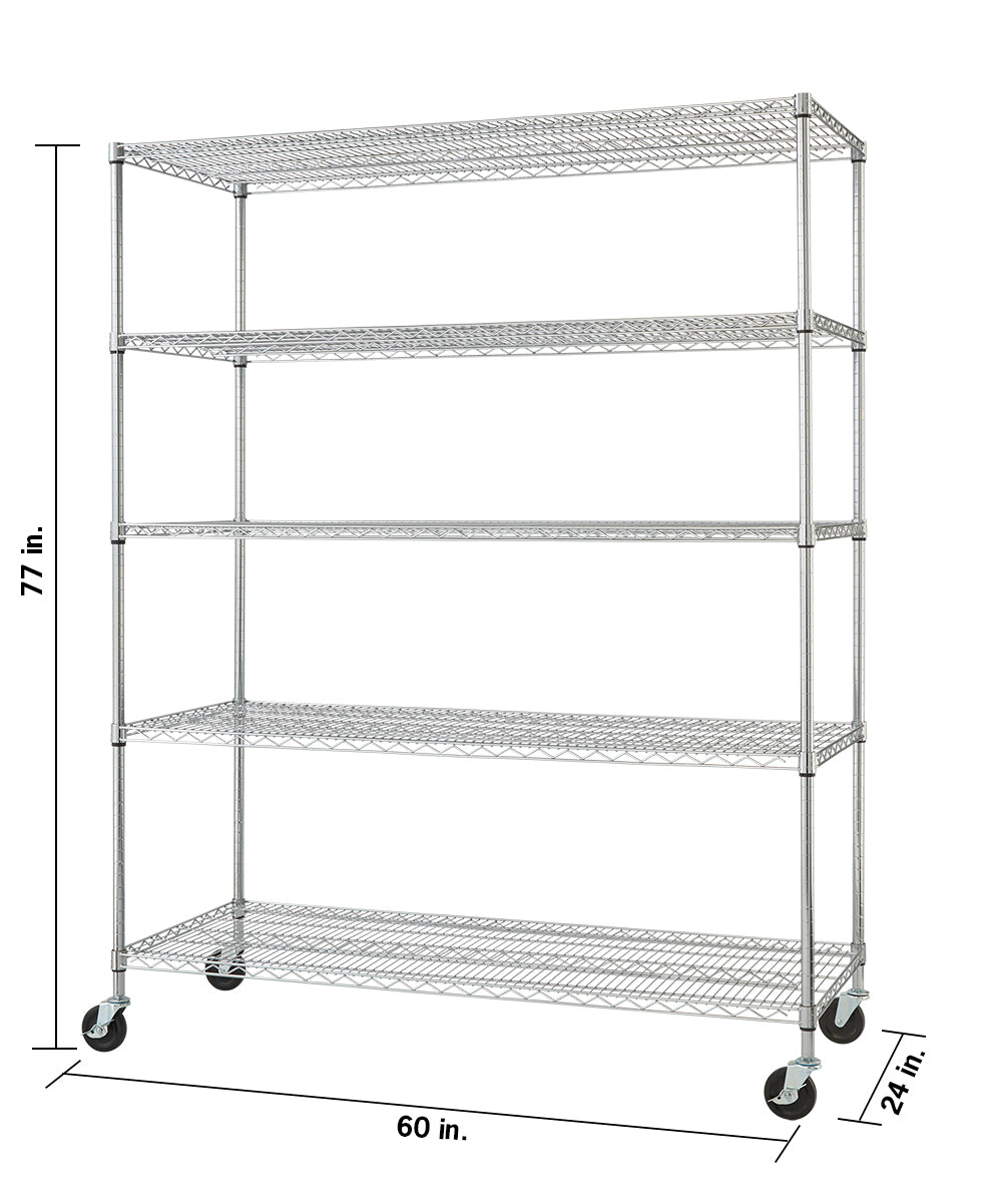A Trinity 5-Tier Wire Shelving Unit on wheels. The unit is silver and has five tiers of open wire shelves, supported by four vertical poles. Dimensions are shown indicating a height of 77 inches, depth of 24 inches, and a width of 60 inches.