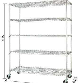 A Trinity 5-Tier Wire Shelving Unit on wheels. The unit is silver and has five tiers of open wire shelves, supported by four vertical poles. Dimensions are shown indicating a height of 77 inches, depth of 24 inches, and a width of 60 inches.