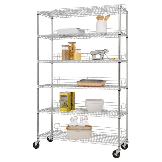 A six-tier chrome wire shelving unit is shown against a white background, filled with various kitchen and pantry items. The unit is on wheels and features raised edges on each shelf to prevent items from falling off.