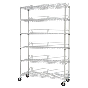 A 6-Tier Wire Shelving Rack is shown, featuring chrome shelving with wheels. The rack has six shelves, with the top and bottom shelves appearing flat and the four middle shelves having raised fronts, possibly for holding bottles or preventing items from rolling off.