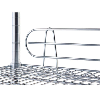 Close-up image of a chrome wire shelving unit featuring a horizontal support bar and a rounded guard rail. The structure appears sturdy and is likely designed for storage or organization purposes.