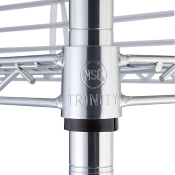 A close-up view shows the chrome-plated joint of a Trinity EcoStorage wire shelving unit. The 