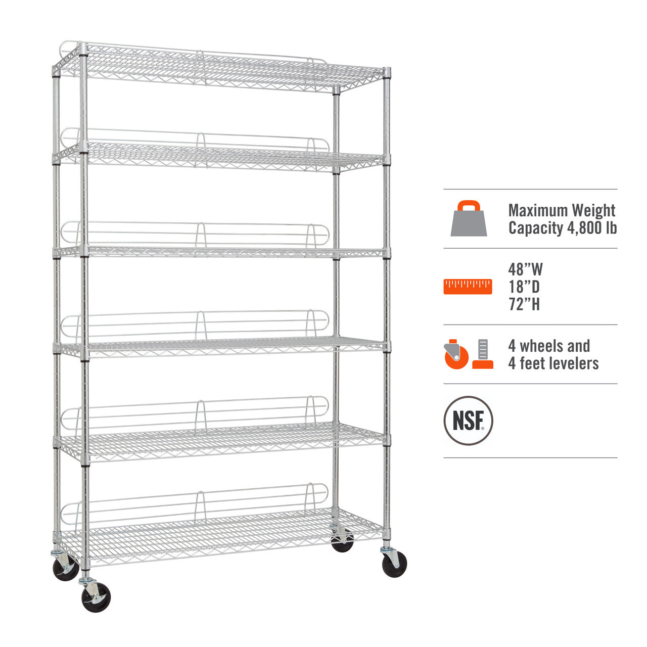 A tall, chrome Trinity 6-Tier Wire Shelving Rack with six shelves is shown, equipped with wheels for mobility. The accompanying text highlights its maximum weight capacity of 4,800 lb, dimensions of 48"W x 18"D x 72"H, and the inclusion of both 4 wheels and 4 feet levelers, along with an NSF certification.