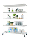 A five-shelf chrome wire shelving unit is filled with various household items, suggesting a laundry room or utility space. The shelves hold cleaning supplies, laundry detergents, baskets, and paper towels, with wheels visible at the base of the unit.