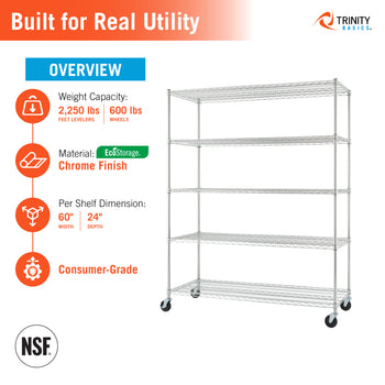 A five-tier chrome wire storage rack on casters, shown on a white background with feature callouts and branding. The image includes text highlighting weight capacity, material, shelf dimensions, and consumer-grade quality, along with an NSF seal and the Trinity Basics logo.