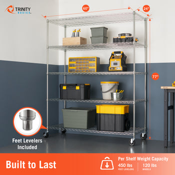 A 5-tier chrome shelving unit with casters, shown in a workshop setting with storage bins and tools. The image includes dimension callouts (60 inches width, 24 inches top, 77 inches height), a 'Feet Levelers Included' inset, and a 'Built to Last' banner with weight capacity details at the bottom.