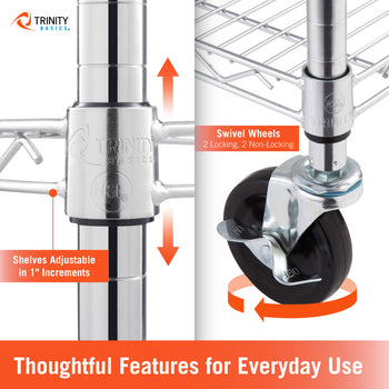 Promotional product graphic for a TRINITY BASICS rolling wire shelf, showing close-up features: adjustable metal shelves in 1-inch increments and swivel locking non-locking wheels. Includes orange callout text and arrows on a white background with a red footer banner.