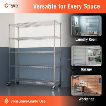 A tall five-shelf wire storage rack on casters, shown in a warehouse-like setting with a blue-gray lower wall and white upper wall. The image includes marketing text ('Versatile for Every Space', 'Consumer-Grade Use') and three inset usage examples labeled Laundry Room, Garage, and Workshop.