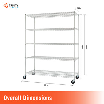 A five-tier wire storage rack on casters with overlaid dimension lines showing 60 inches width, 77 inches height, 72 inches shelf-to-shelf spacing, and 24 inches top rail width. The image includes a Trinity Brands logo and an 'Overall Dimensions' banner at the bottom.