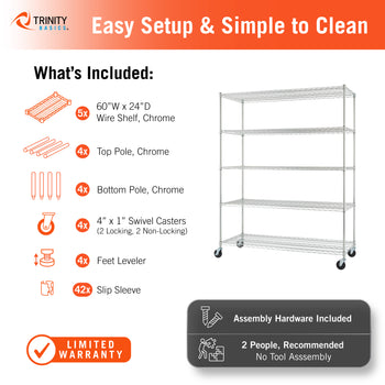 A 5-tier chrome wire rolling storage rack shown on a white background with an orange and black Trinity Breeze promotional graphic. The graphic lists included hardware and assembly details.