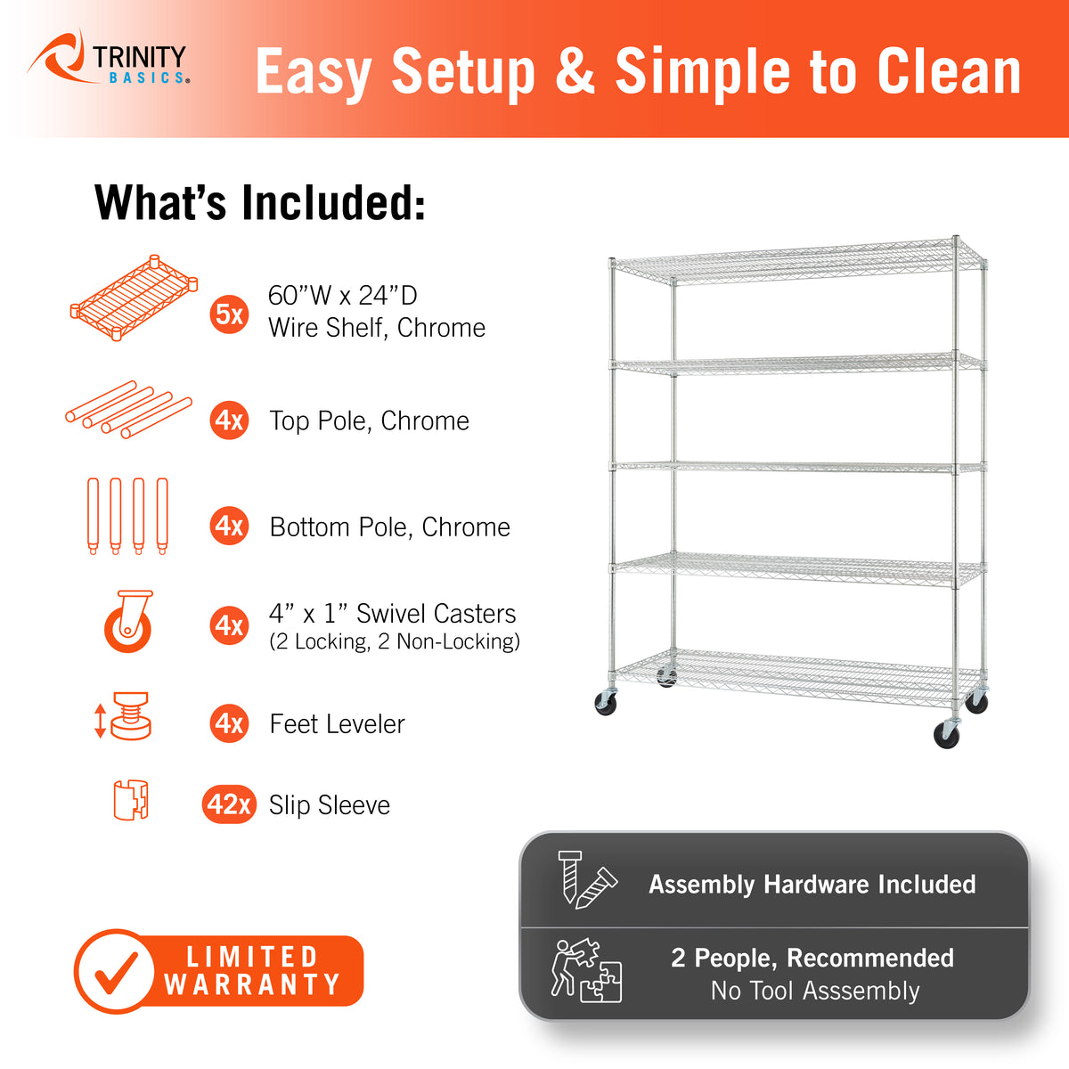 A 5-tier chrome wire rolling storage rack shown on a white background with an orange and black Trinity Breeze promotional graphic. The graphic lists included hardware and assembly details.