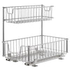 A two-tiered, chrome-plated wire organizer features two sliding baskets, with the top basket being shallower than the bottom. The unit is designed to slide out for easy access, likely intended for under-sink storage.