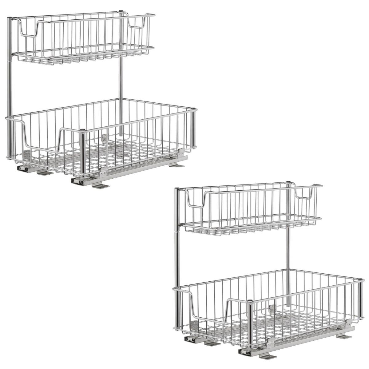 A close-up shot shows two identical 2-Tier Cabinet-mount Metal Under-sink Organizers. These sliding undersink organizers are made of chrome-plated metal and feature two tiers of pull-out baskets.