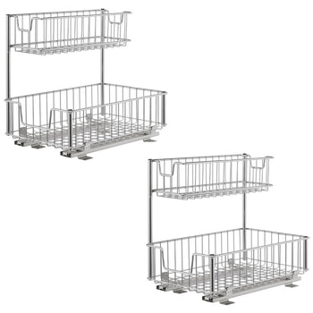 A close-up shot shows two identical 2-Tier Cabinet-mount Metal Under-sink Organizers. These sliding undersink organizers are made of chrome-plated metal and feature two tiers of pull-out baskets.