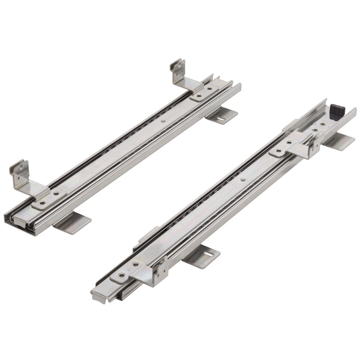 Two silver-colored telescopic runners are shown, designed for mounting on a flat surface. Each runner consists of multiple sections that slide within each other, likely for a pull-out shelf or drawer.