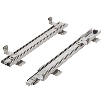 Two silver-colored telescopic runners are shown, designed for mounting on a flat surface. Each runner consists of multiple sections that slide within each other, likely for a pull-out shelf or drawer.