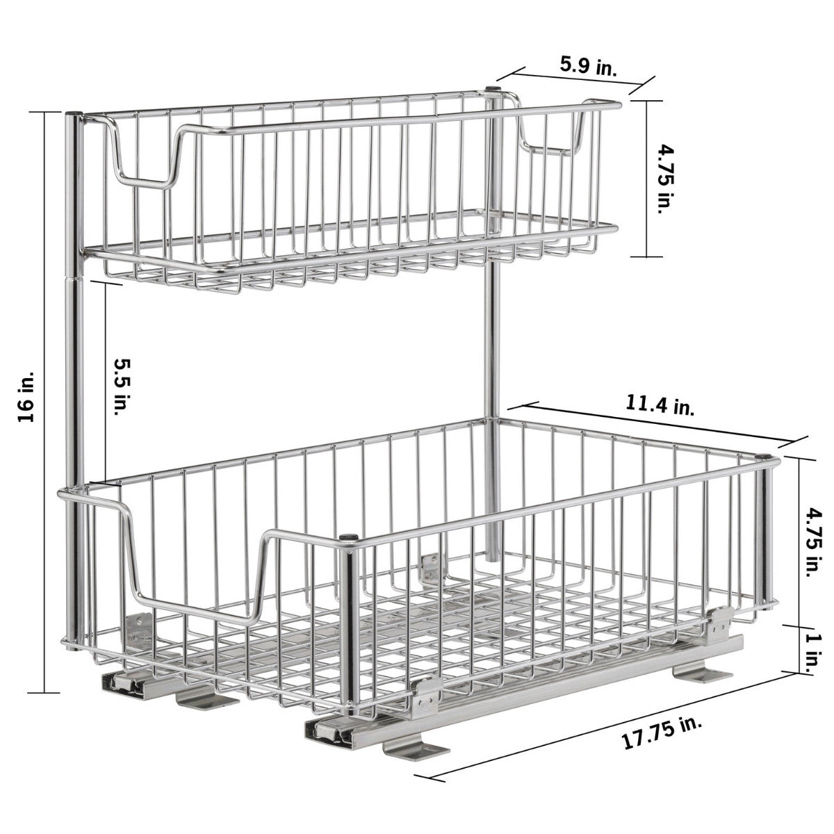 A chrome two-tiered sliding undersink organizer is shown with dimensions labeled. The overall unit is 16 inches tall and 17.75 inches deep, with each basket measuring 4.75 inches in height.