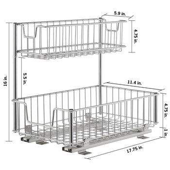 A chrome two-tiered sliding undersink organizer is shown with dimensions labeled. The overall unit is 16 inches tall and 17.75 inches deep, with each basket measuring 4.75 inches in height.