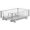 A rectangular, chrome-plated wire basket slides on two parallel rails, with a handle integrated into one end. The basket features a grid pattern on its bottom and vertical bars forming its sides, all made of shiny metal.