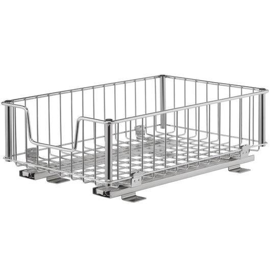 A rectangular, chrome-plated wire basket slides on two parallel rails, with a handle integrated into one end. The basket features a grid pattern on its bottom and vertical bars forming its sides, all made of shiny metal.