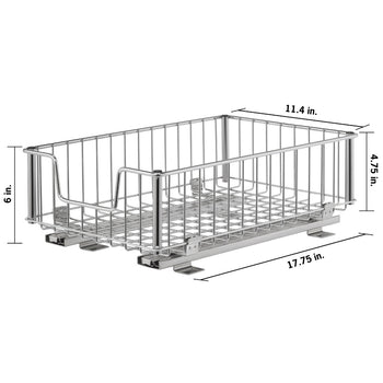 A chrome wire pull-out drawer with handles, designed for cabinet organization, is shown with its dimensions. The basket measures 11.4 inches wide by 17.75 inches deep, with a height of 6 inches (4.75 inches for the basket itself).
