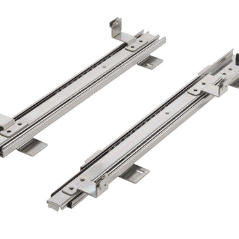 Two silver, partially extended drawer slides are angled slightly towards each other on a white background. Each slide features multiple sections and mounting brackets.