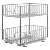 A 2-Tier Sliding Wire Drawer is shown, featuring two chrome-plated wire baskets stacked vertically. The bottom basket is pulled out on sliding rails, revealing its functionality as an undersink organizer.
