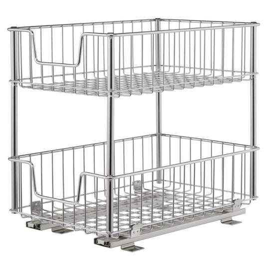 A 2-Tier Sliding Wire Drawer is shown, featuring two chrome-plated wire baskets stacked vertically. The bottom basket is pulled out on sliding rails, revealing its functionality as an undersink organizer.