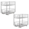 
Two 2-tier chrome sliding wire drawer organizers are positioned on a white background. Each organizer features two pull-out baskets, designed to offer accessible storage.