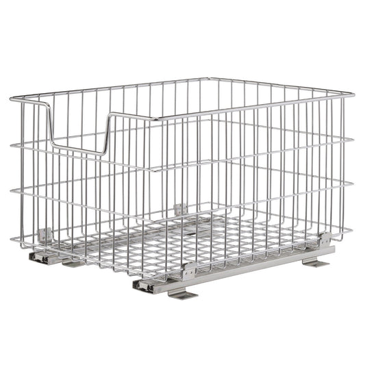 A shiny, rectangular wire basket with handles sits on metal slide rails, designed for easy pulling in and out of a cabinet or shelf. The basket has a grid pattern, suggesting it's suitable for storage in kitchens, pantries, or closets.