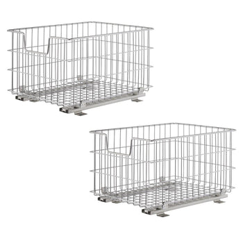 Two chrome wire storage baskets with slides are stacked vertically against a white background. The baskets are rectangular, made of a grid of thin metal wires, and feature handles on the short sides.