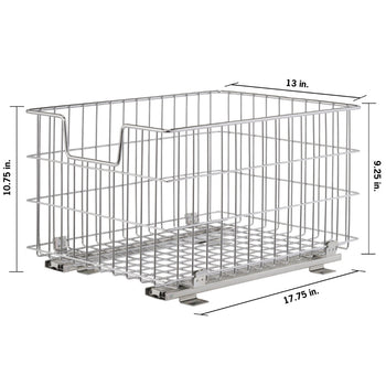 A chrome wire mesh slide-out basket is shown from an eye-level perspective with its dimensions labeled. The basket measures 13 inches wide, 10.75 inches high including the slide, 9.25 inches basket height, and 17.75 inches deep with the slides contracted.