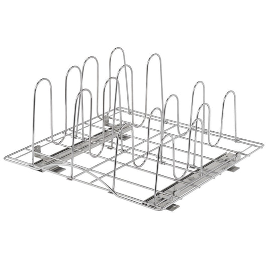 A chrome wire rack for organizing pots and pans slides out from a cabinet. It features multiple U-shaped dividers to keep cookware upright and separated.