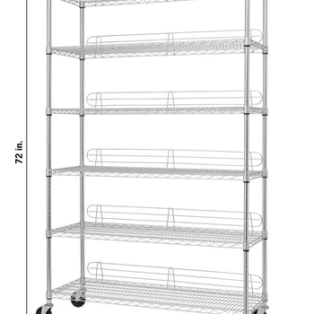 A detailed, front-facing product image of a six-tier wire shelving unit on wheels. The unit has dimensions of 72 inches tall, 48 inches wide, and 18 inches deep, and the shelves are made of chrome-plated wire with clear plastic shelf liners on some of them.