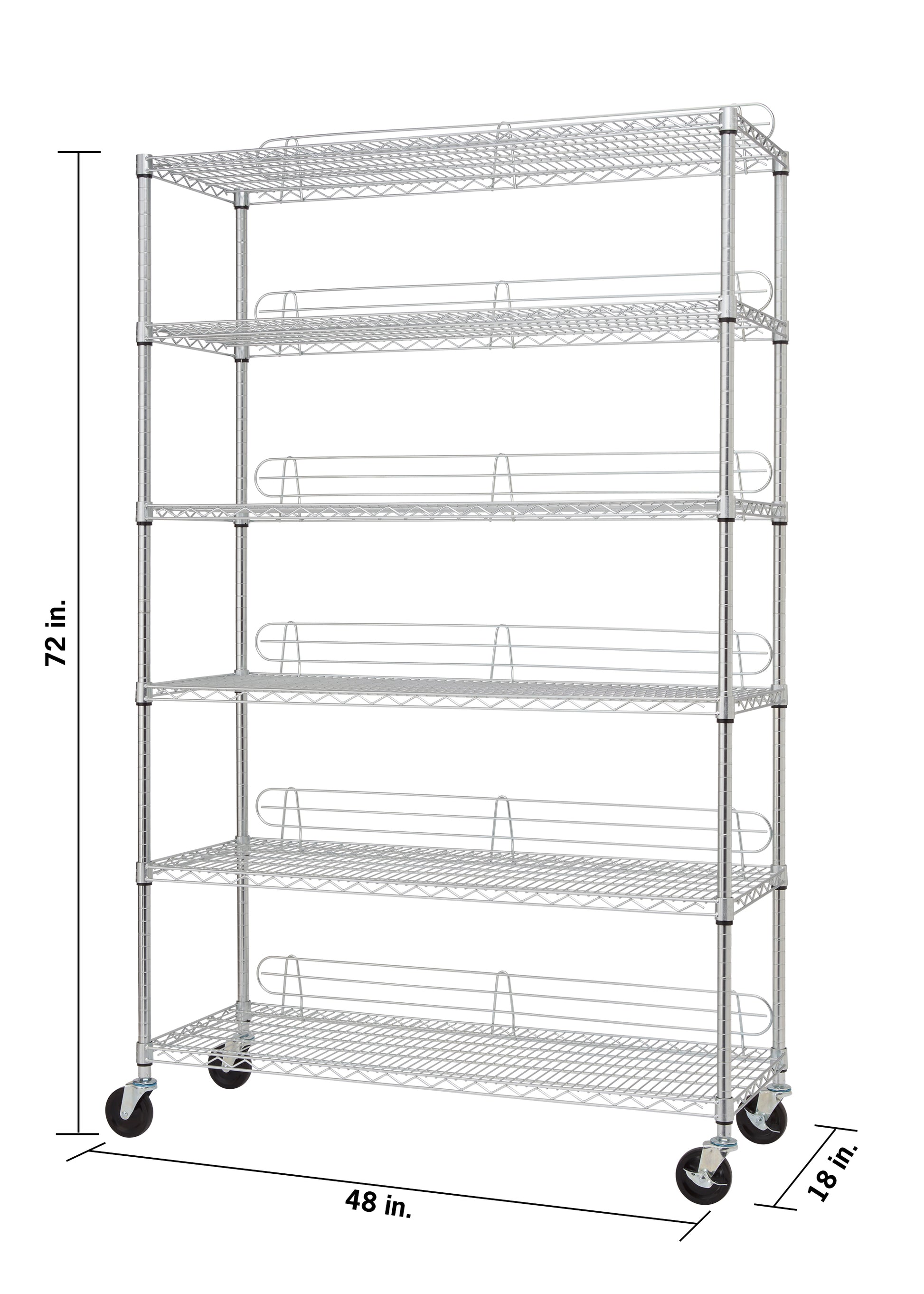 A detailed, front-facing product image of a six-tier wire shelving unit on wheels. The unit has dimensions of 72 inches tall, 48 inches wide, and 18 inches deep, and the shelves are made of chrome-plated wire with clear plastic shelf liners on some of them.