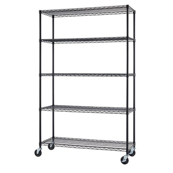 A black, five-tier wire shelving rack, identified as a Trinity product. It features a sturdy metal frame with open wire shelves and is equipped with wheels for easy mobility.