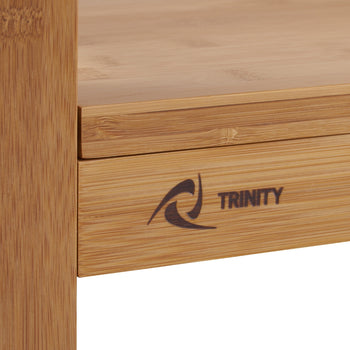 A close-up shot of a light brown bamboo drawer reveals the 