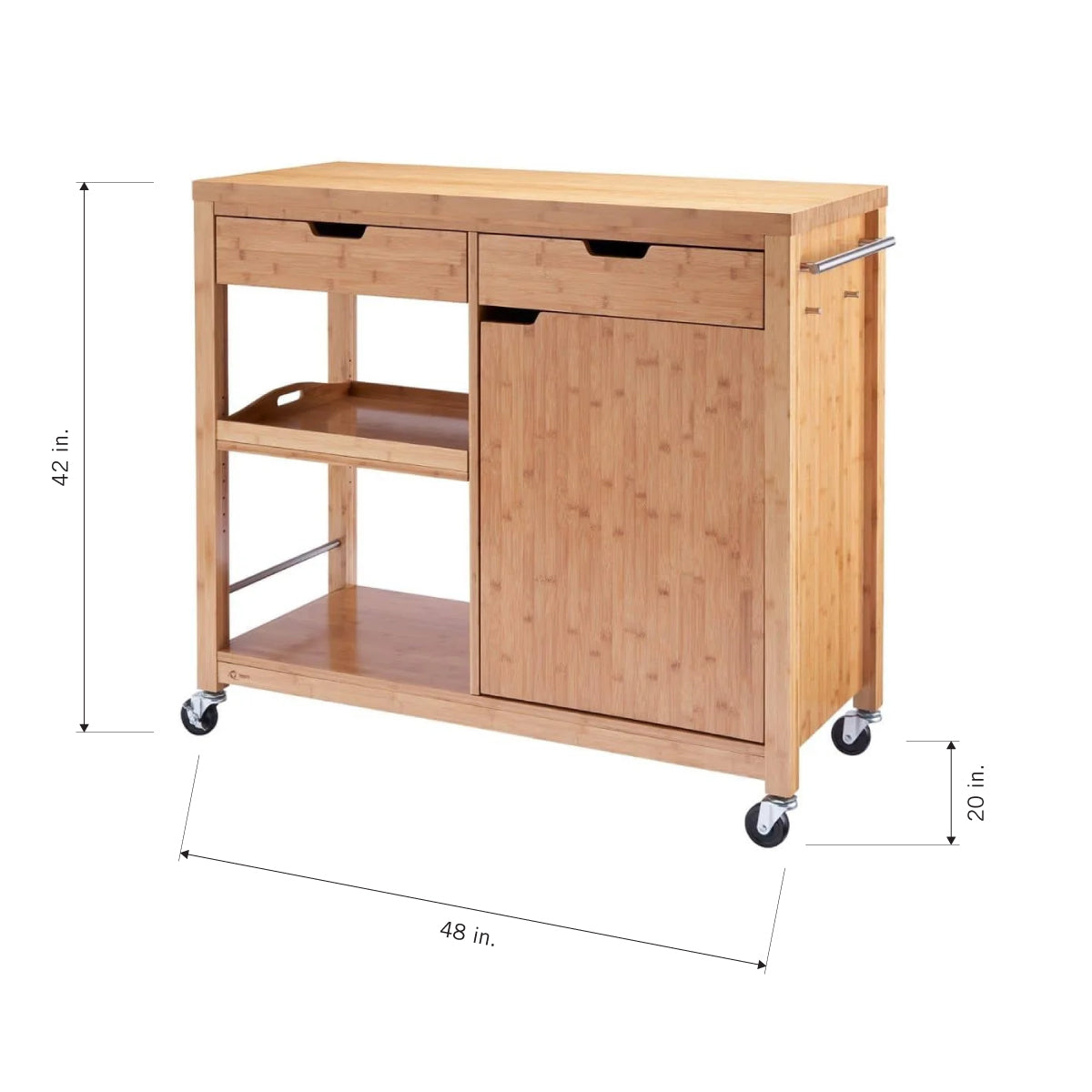A natural wood kitchen island on wheels, featuring a 48-inch wide countertop and two upper drawers. Below the drawers, the cart has an open shelf and a cabinet with a vertical slatted door. The entire unit is 42 inches tall, with the wheels adding 20 inches to its height.