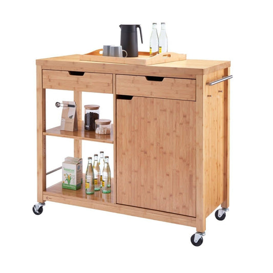 A bamboo kitchen cart with drawers, a cabinet, and shelves, is displayed. The cart is equipped with wheels and stocked with kitchen essentials.