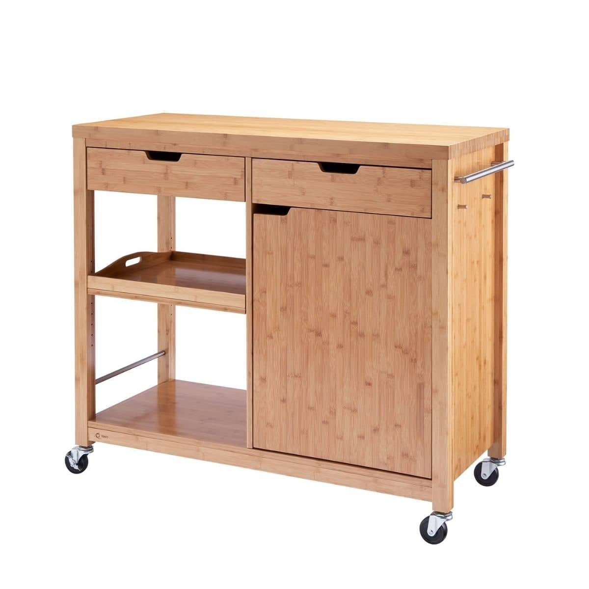 A light brown, wooden kitchen cart with two drawers, a cabinet, and two open shelves. It has wheels and a metal handle on the side.