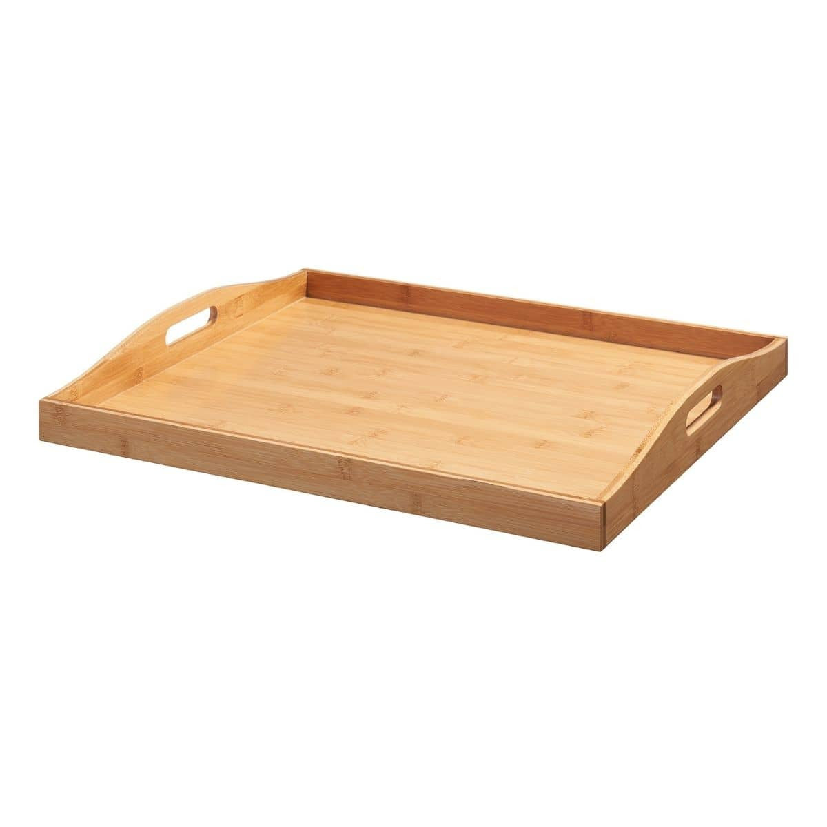 A light brown, rectangular serving tray made of bamboo is shown at a slight angle against a white background. The tray has raised edges and cut-out handles on two opposite sides.