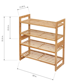A bamboo four-tier shoe rack is shown with its dimensions. The rack is 31.6 inches tall, 28 inches wide, and 11.8 inches deep, with 15.5 inches of vertical space between the bottom and top shelves.
