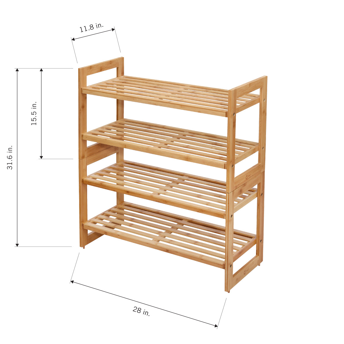 A bamboo four-tier shoe rack is shown with its dimensions. The rack is 31.6 inches tall, 28 inches wide, and 11.8 inches deep, with 15.5 inches of vertical space between the bottom and top shelves.