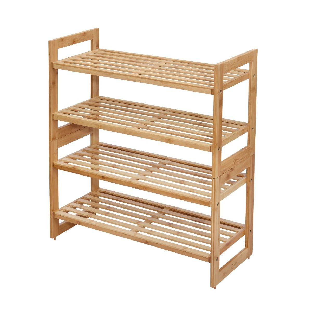 Two 2-tier shoe rack stacked together made of light-colored bamboo stands on a white background. The rack features horizontal slatted shelves supported by vertical side frames.