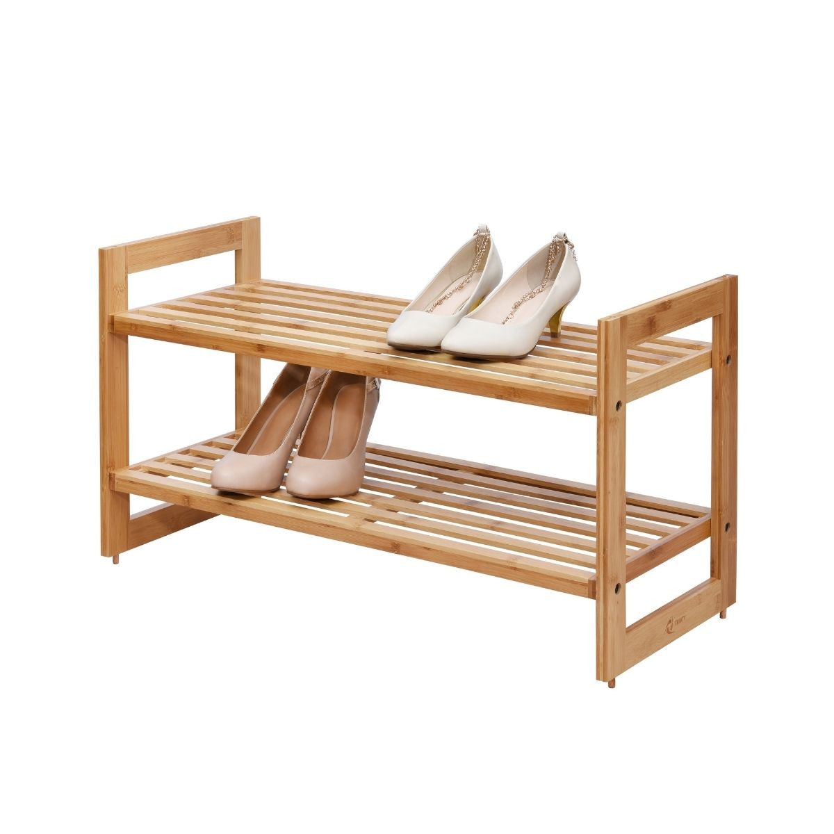 A 2-Tier Stackable Bamboo Shoe Rack. The rack is made of light brown bamboo and has two shelves, each holding a pair of shoes.