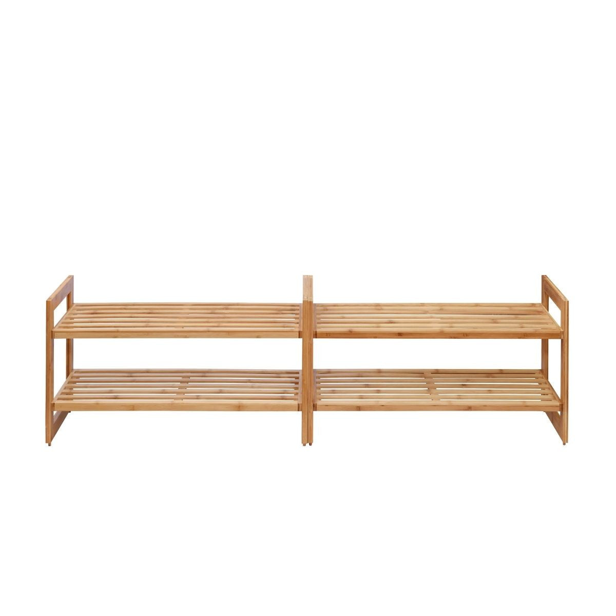 A horizontally oriented product shot shows two light brown, two-tiered bamboo shoe racks stacked vertically. The racks have slatted shelves and simple, straight side supports.